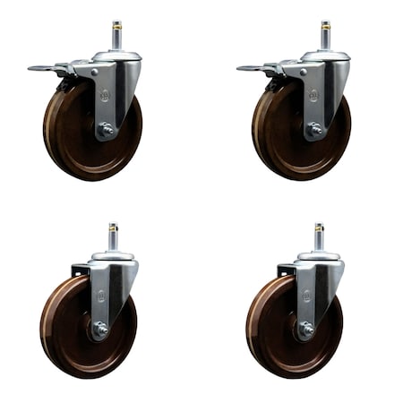Service Caster 5 High Temp Phenolic Wheel Swivel 7/16'' Stem Caster Set 2 Total Lock Brake, 4PK SCC-GRTTL20S514-PHRHT-716138-2-S-2